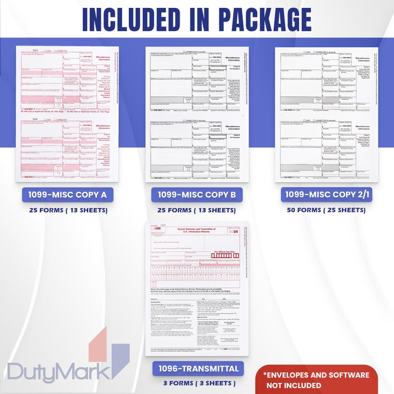 Dutymark 1099 MISC Forms 2025, 5 Part Set, Kit for 25 Vendors Complete Laser 1099 Tax Forms in Value Pack 1099 Misc 2025- NO ENVELOPES - Image 2
